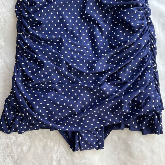 One Piece Halter Top Swimsuit Retro Pinup Style Blue and White Polka Dot Size Me - Picture 3 of 14